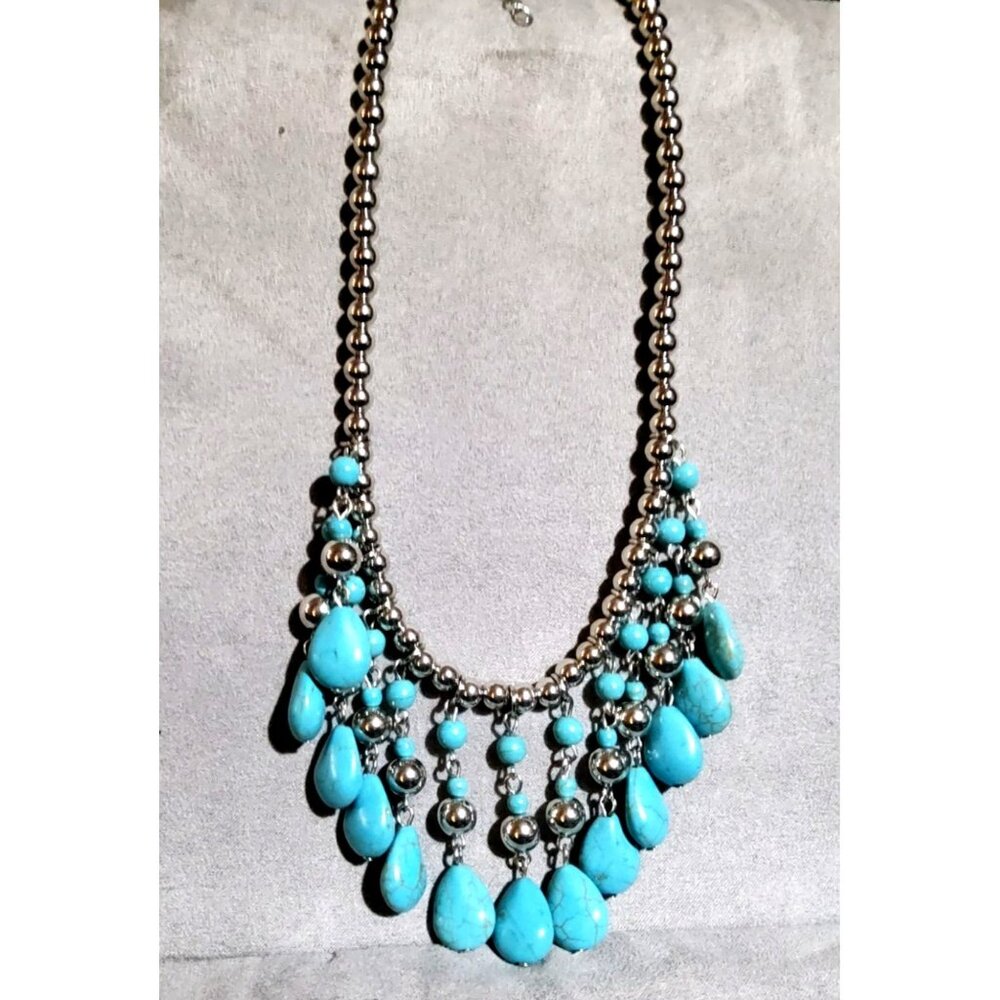 Turquoise & Silver Tone Beaded Statement Necklace With Teardrop Accents